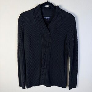 Nautica Black Cable Knit Shawl Cardigan Sweater Cotton Costal Nautical Cozy